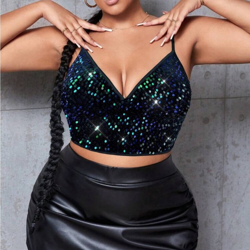 Luxe Plus Size Velvet Sequin Embellished Black Crop Top Camisole Cami Bralette